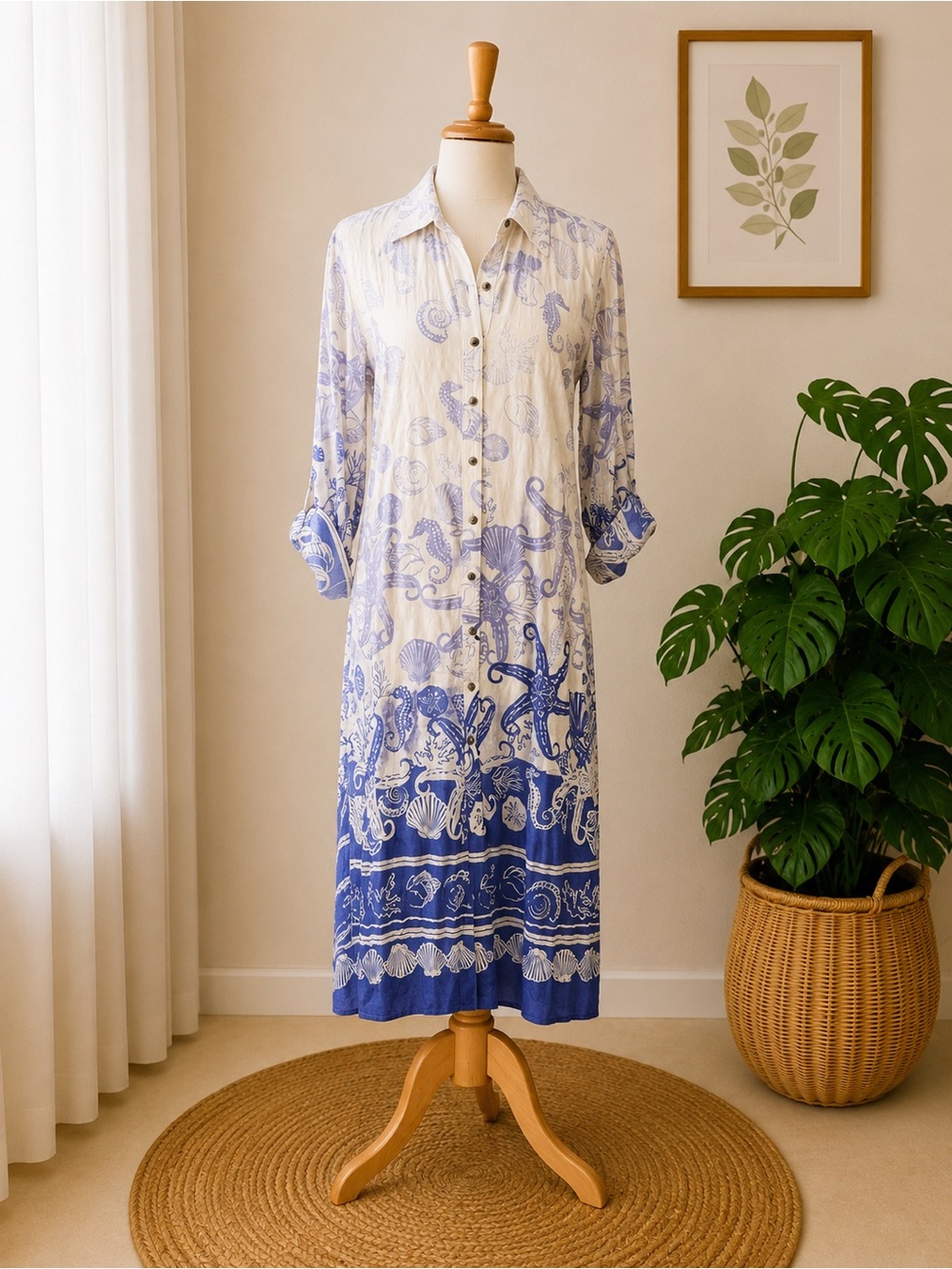 NWT Anthropologie Coastal Printed Midi Shirt Dress Sea Life